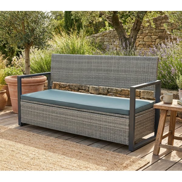 B�nk med dynf�rvaring 165 cm | Gr� konstrotting | Dynor ing�r | Boxvik