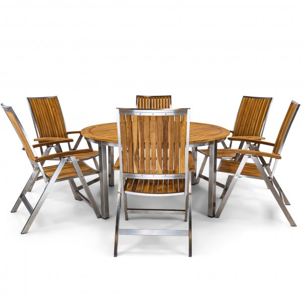 Rund trädgårdsgrupp i teak / rostfritt stål | Bord & 6 positionsstolar Rund trädgårdsgrupp i teak / rostfritt stål | Bord & 6 positionsstolar