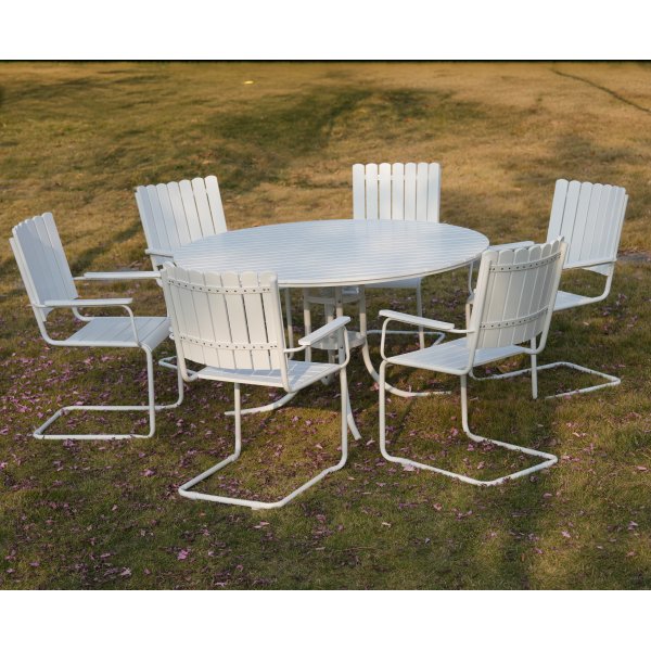 Rund matgrupp utomhus 6 stolar | �135 cm | Vit � Gl�nta