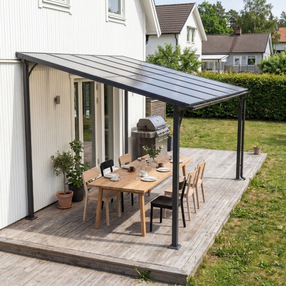 Altantak 3×3 m | Väggmonterat tak i stål/aluminium med polykarbonat | Grå
