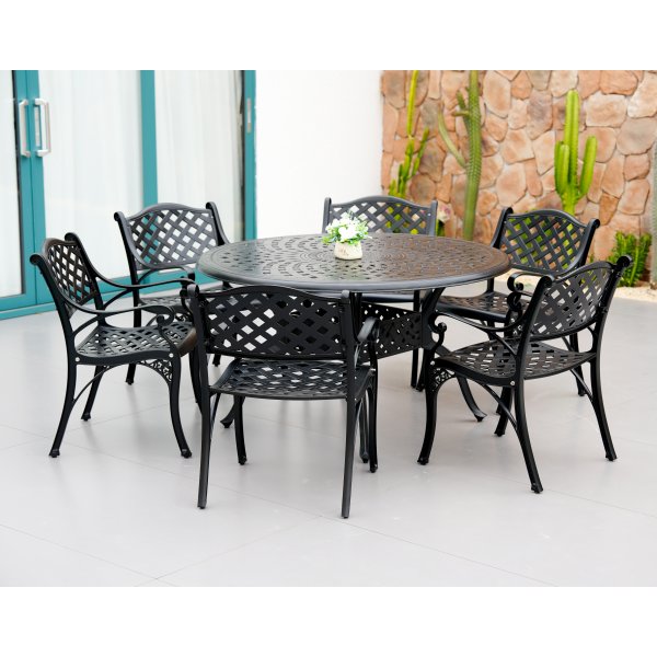 Rund matgrupp i aluminium f�r utomhusbruk | �130 cm | 6 stolar | Svart