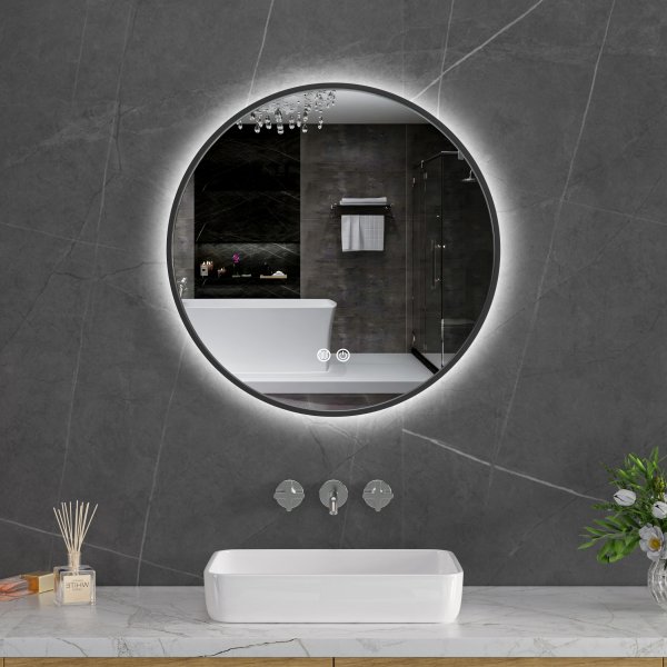 Rund badrumsspegel 60x60 | Svart ram | LED-belysning | Anti-fog & touch-styrning