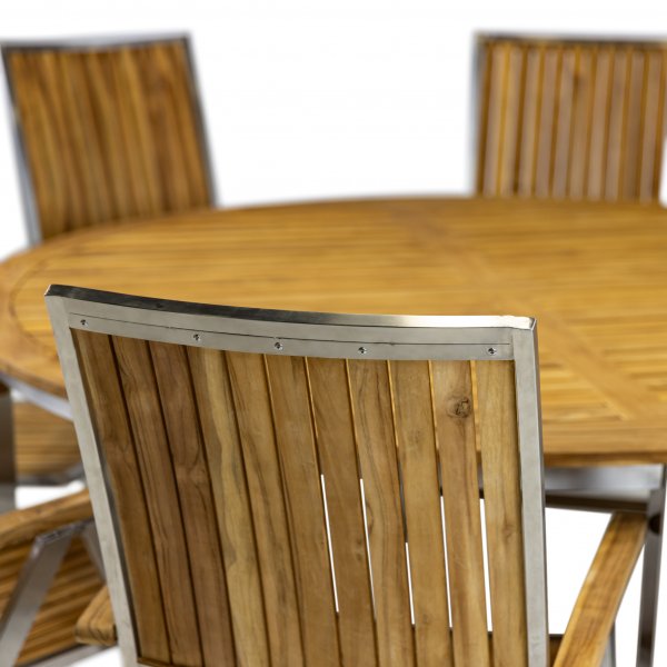 Stor rund tr�dg�rdsgrupp i teak / rostfritt st�l | Bord & 8 positionsstolar
