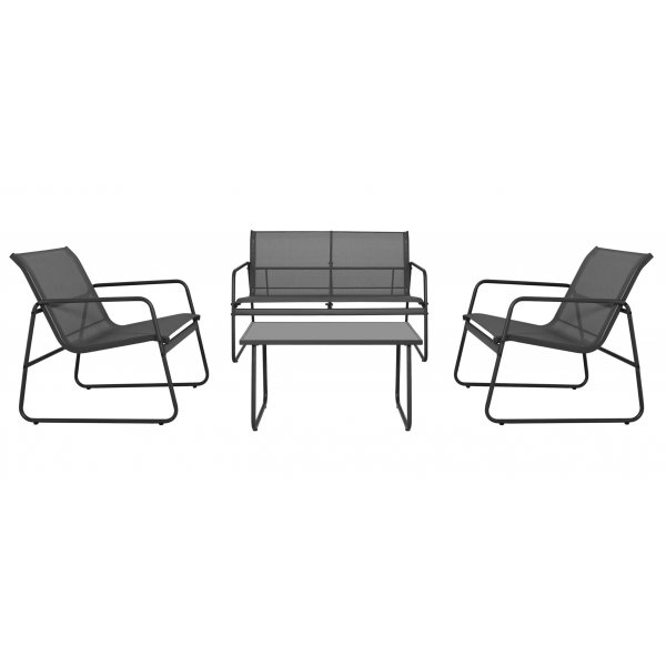 Loungegrupp i svart textilen och svartlackad metall | Soffa, 2 f�t�ljer & bord | Zanzibar