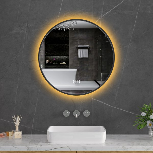Rund badrumsspegel 60 cm | Svart ram | LED-belysning | Anti-fog & touch-styrning Rund badrumsspegel 60 cm | Svart ram | LED-belysning | Anti-fog & touch-styrning