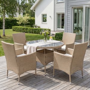 Rund matgrupp | Bord Ø100 cm & 4 stolar med dynor | Tylösand – Beige Rund matgrupp | Bord Ø100 cm & 4 stolar med dynor | Tylösand – Beige