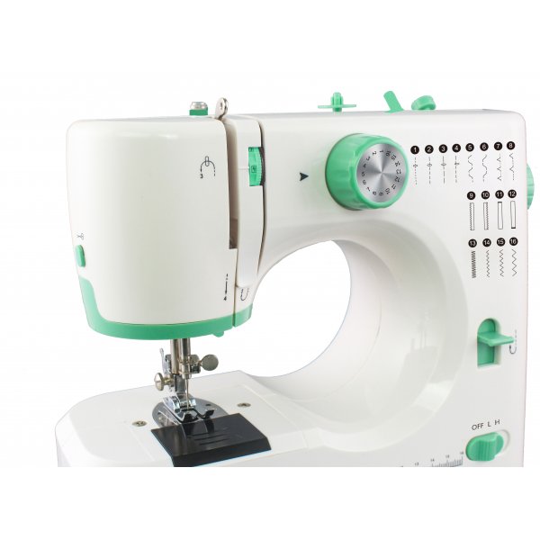 Symaskin elektrisk | 16 s�mmar & LED-belysning | Fotpedal f�r hemmabruk | Vit/Gr�n