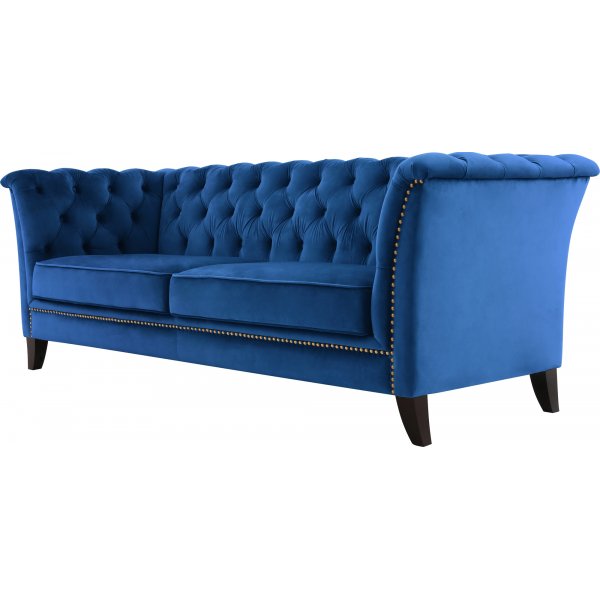 Chesterfieldsoffa 3-sits | Bl� sammet, kallskum & avtagbar kl�dsel | Milton