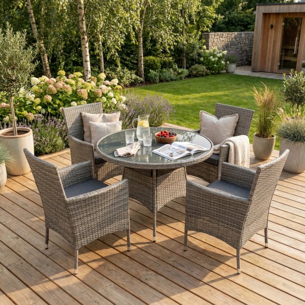 Matgrupp med 4 platser | Bord �100 cm & 4 stolar med dynor | Tyl�sand Gr�