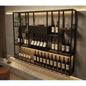 Vägghängd barhylla i svart metall | Vin, glas & flaskförvaring | 150 × 120 cm Vägghängd barhylla i svart metall | Vin, glas & flaskförvaring | 150 × 120 cm