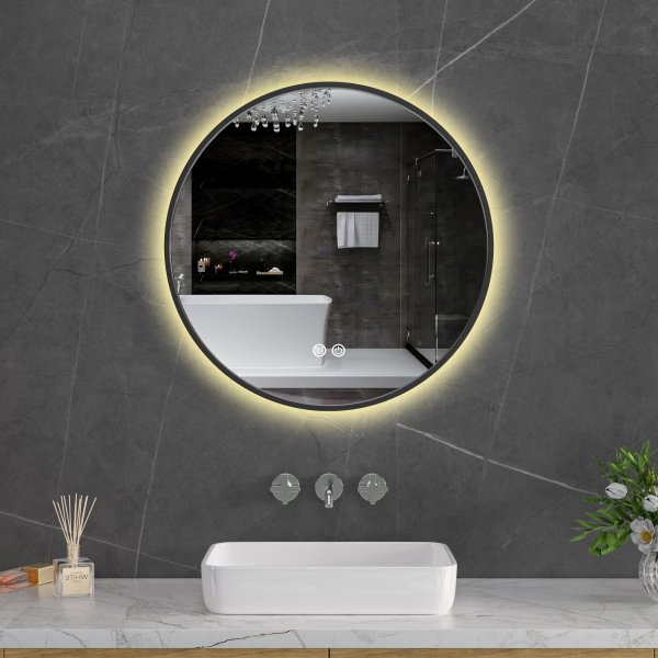 Rund badrumsspegel 60 cm | Svart ram | LED-belysning | Anti-fog & touch-styrning Rund badrumsspegel 60 cm | Svart ram | LED-belysning | Anti-fog & touch-styrning