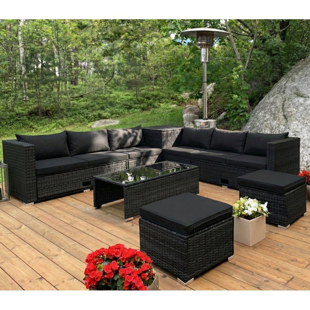 Exklusiv loungegrupp | Inbyggd förvaring | Svart konstrotting | Djursvik svart | Loungeset utemöbler i handvävd konstrotting