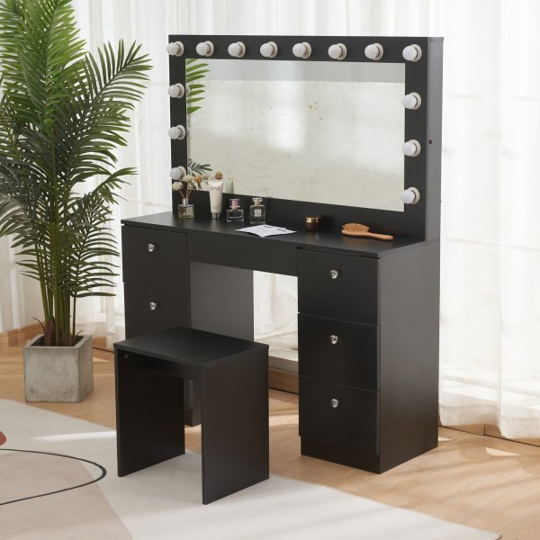 Sminkbord med LED-spegel | 14 lampor, 7 lådor & kristallhandtag | Svart Sminkbord med LED-spegel | 14 lampor, 7 lådor & kristallhandtag | Svart