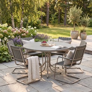 Rund matgrupp utomhus 6 stolar | Ø135 cm | Metall/grå – Glänta Rund matgrupp utomhus 6 stolar | Ø135 cm | Metall/grå – Glänta