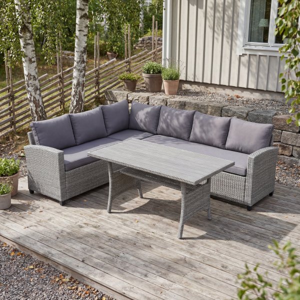 Loungegrupp h�rnsoffa med bord gr� � modern utegrupp i konstrotting | Stenvik
