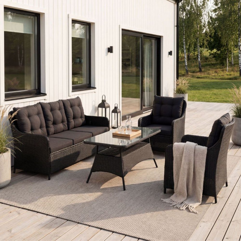 Loungegrupp utemöbler | Svart konstrotting | Rögrund | Loungeset utemöbler i handvävd konstrotting