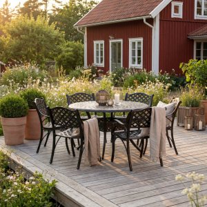 Rund matgrupp i aluminium | �130 cm | 6 stolar | Pilgrimstad