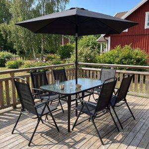 V�xj� utegrupp komplett med bord | 6 positionsstolar och parasoll | Svart |