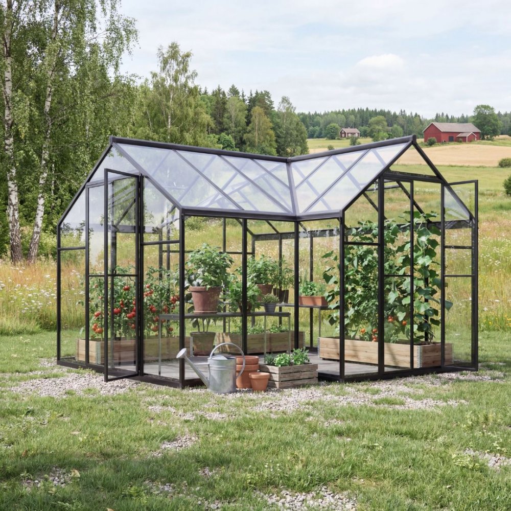 växthus 11,8 m²  härdat glas & kanalplast  svart aluminium  titania