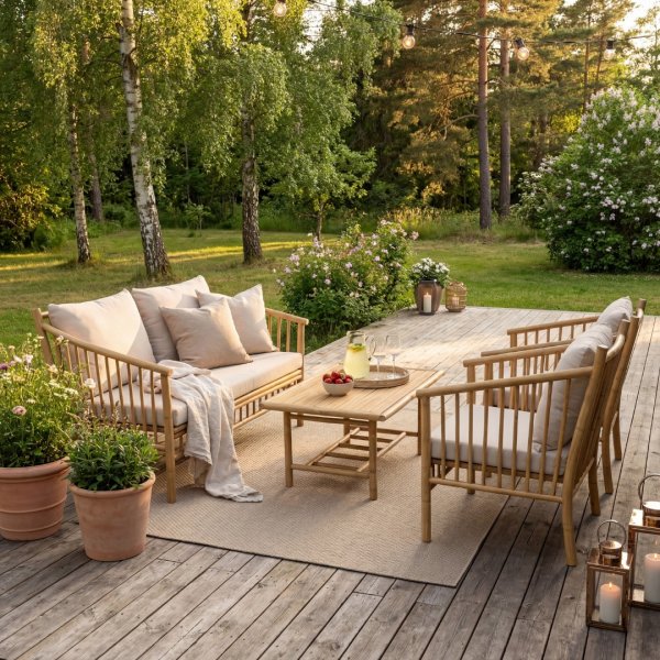 Bambu loungegrupp utomhus | Soffa, 2 f�t�ljer & bord i naturmaterial