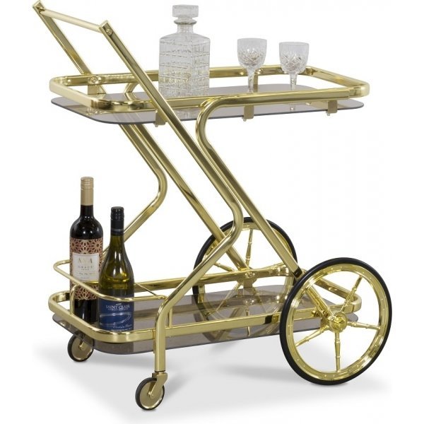 Serveringsvagn i mässingsfärgad metall – Rökfärgat glas | Klassisk & elegant design Serveringsvagn i mässingsfärgad metall – Rökfärgat glas | Klassisk & elegant design