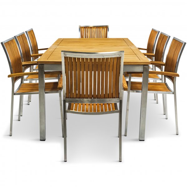 Frlngningsbart bord 200-250cm | 8 stolar | Rostfritt stl / teak