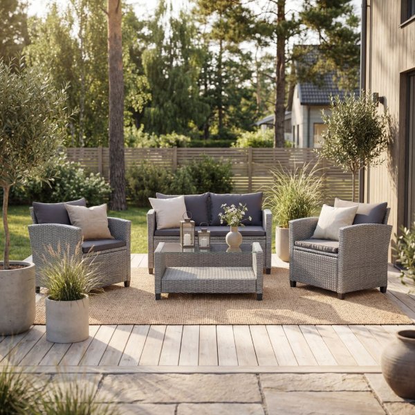 Exklusiv Loungegrupp | H�rnsoffa med bord | Gr� konstrotting | Stockholm