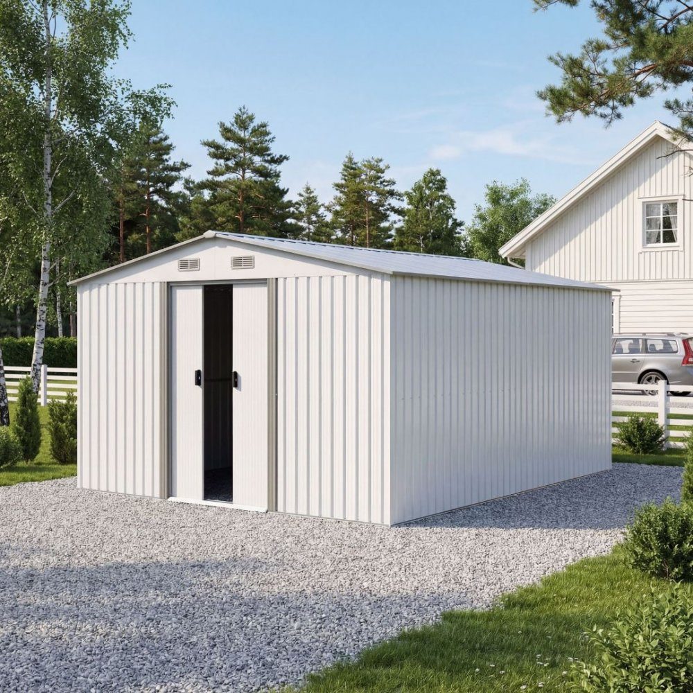 Förråd och redskapsbod 12,5m2 | Dubbel skjutdörr | Bas ingår | Vit | Robust, underhållsfri redskapsbod