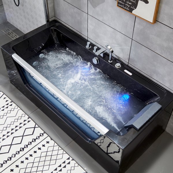 Svart bubbelbadkar | Glasfront, värmare & ljusterapi | 180cm | BK-009V Svart bubbelbadkar | Glasfront, värmare & ljusterapi | 180cm | BK-009V