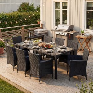 Trädgårdsmatgrupp 8 stolar – Svart bord med glasskiva | Lysekil Trädgårdsmatgrupp 8 stolar – Svart bord med glasskiva | Lysekil