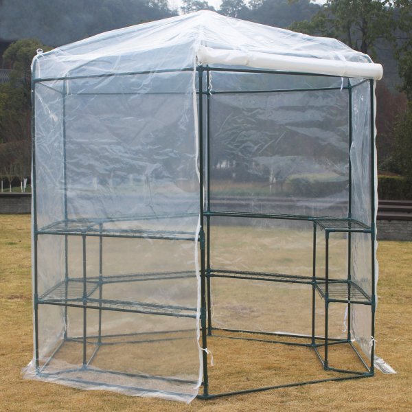 Sexkantigt plastvxthus 3,8m | Stlram | Transparent PE-plastverdrag