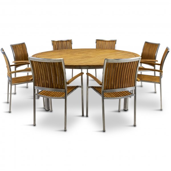 Stor rund trädgårdsgrupp i teak / rostfritt stål | Bord & 8 stolar Stor rund trädgårdsgrupp i teak / rostfritt stål | Bord & 8 stolar