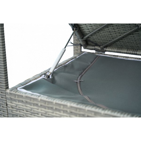 B�nk med dynf�rvaring 129 cm | Gr� konstrotting | Dynor ing�r | Boxvik