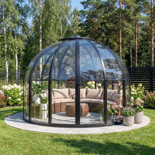 Runt v�xthus 13,2 m� | Exklusivt Uterum | Svart aluminium & kristallklara polykarbonatpaneler