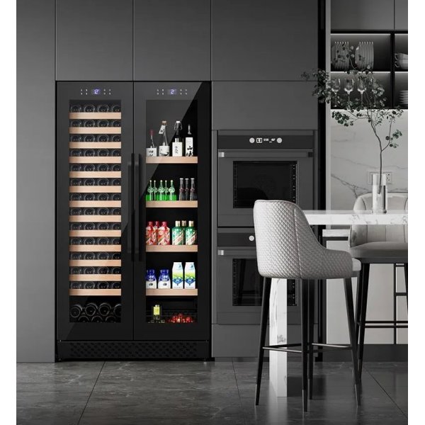 Stor inbyggbar vinkyl | 60 flaskor och 218 burkar | Exklusiv design med dubbla temperaturzoner | 365 L