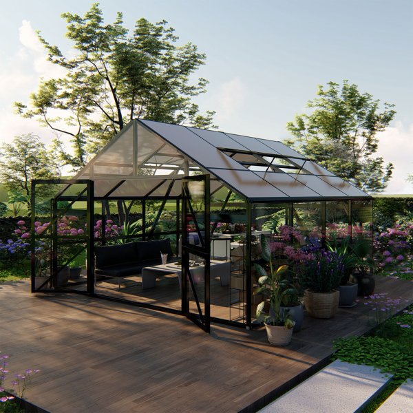 Premium glasväxthus 16,5m² | 5 års stormgaranti | 4mm säkerhetsglas Premium glasväxthus 16,5m² | 5 års stormgaranti | 4mm säkerhetsglas