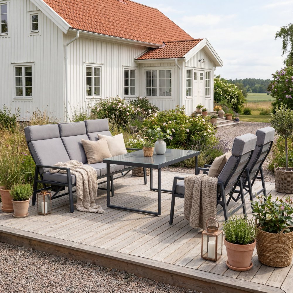 Loungegrupp i aluminium med recliner  Soffa, 2 stolar & bord | Apelviken