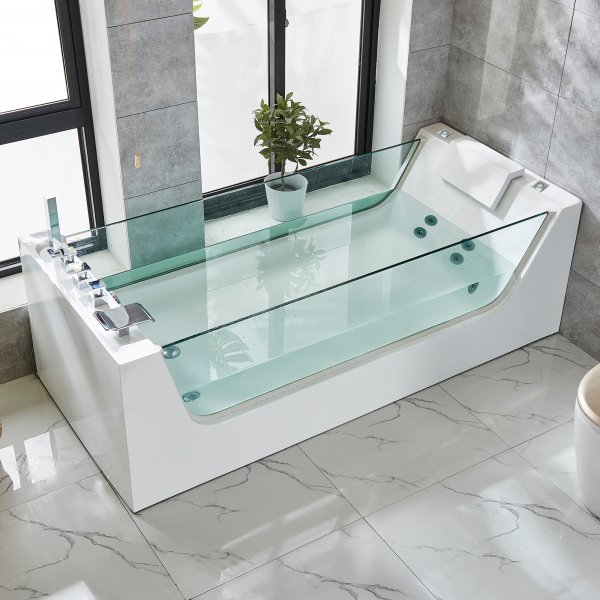 Bubbelbadkar med glassidor 170x80cm | Ergonomisk nackkudde | BK-003