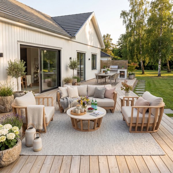 Soffgrupp i akacia & terrazzo-sten | Dynor med linnetyg | Storvik Soffgrupp i akacia & terrazzo-sten | Dynor med linnetyg | Storvik