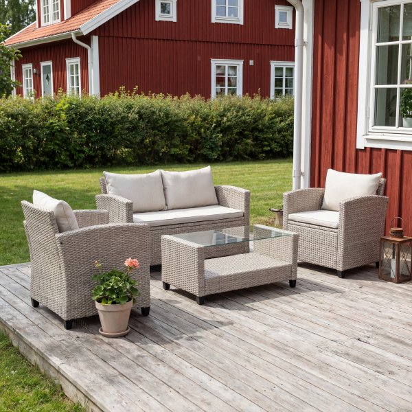 Exklusiv Loungegrupp | H�rnsoffa med bord | Beige/Gr� konstrotting | Stockholm
