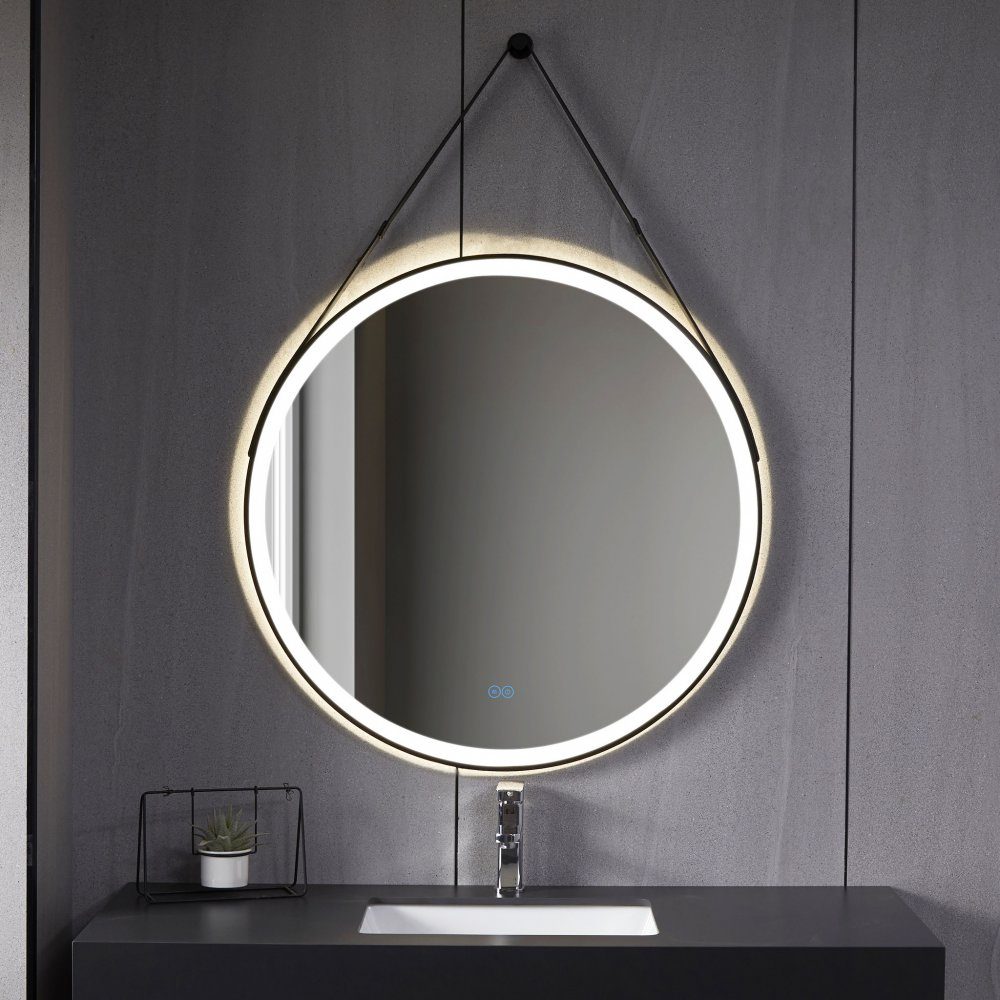 Rund spegel 60cm | Hängrem | LED-belysning & anti-fog | Modern hängrem i PU