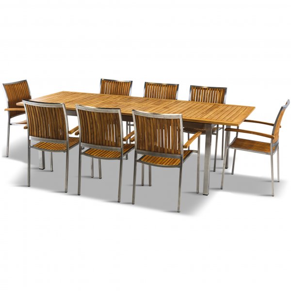 Frlngningsbart bord 200-250cm | 8 stolar | Rostfritt stl / teak