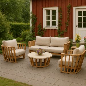 Soffgrupp i akacia & terrazzo-sten | Dynor med linnetyg | Storvik Soffgrupp i akacia & terrazzo-sten | Dynor med linnetyg | Storvik