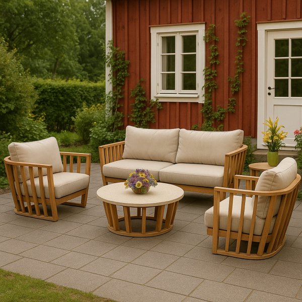 Soffgrupp i akacia & terrazzo-sten | Dynor med linnetyg | Storvik