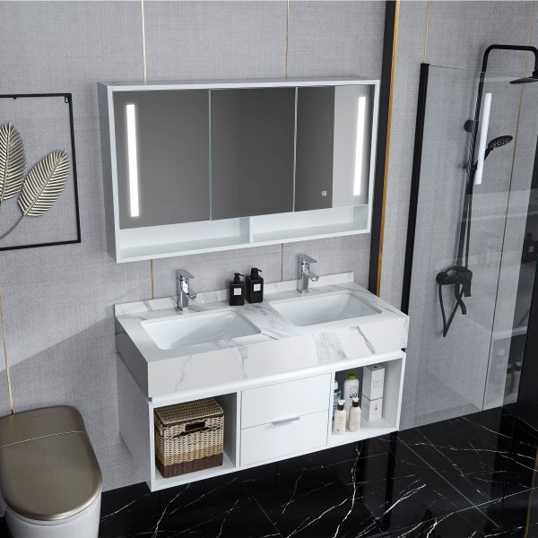 Badrumspaket 120cm | Marmorerad sintrad sten | LED-spegelsk�p