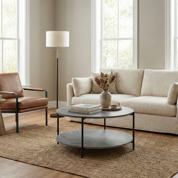 Soffbord �90 cm | Cementimitation med svart metallram & hylla | Shanghai