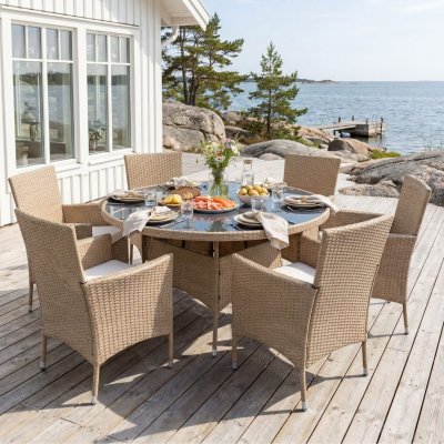 Matgrupp 6 platser | Runt bord Ø135 cm & stolar med dynor | Tylösand Beige