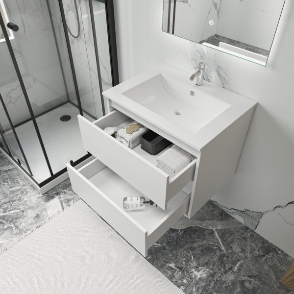 Badrumspaket 60 cm  Vgghngd Kommod med LED-spegel | Keramiskt Tvttstll | Mjukstngande Ldor