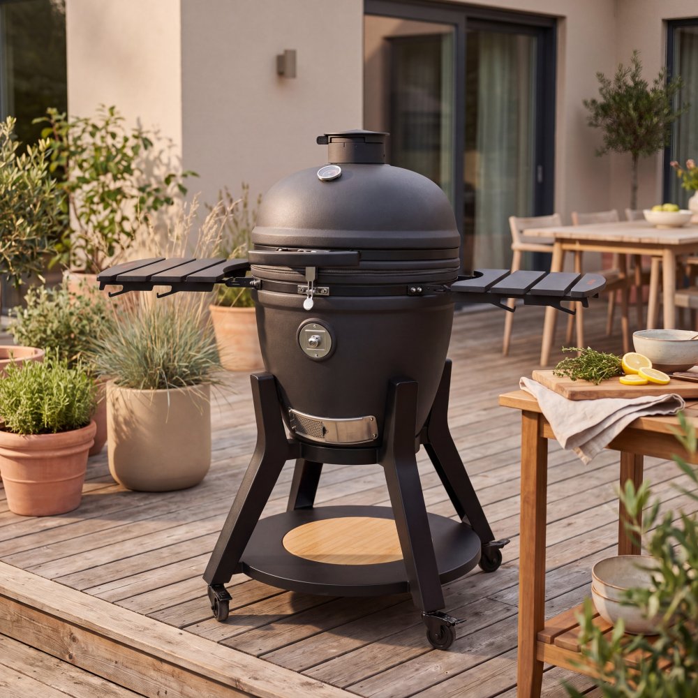 21 Pro Kamado | Premium keramisk grill med top/bottom vent | Air Hinge och HDPE-sidobord | Keramisk konstruktion med Bubble Glazing för överlägsen