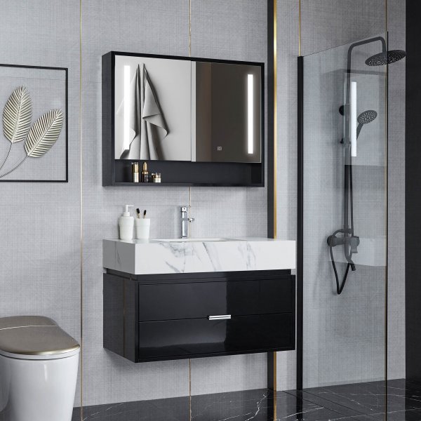 Badrumsmbel 90cm | LED-spegelskp | Marmorerad bnkskiva | Svart